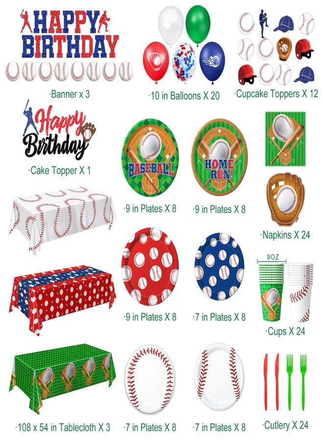 Oigco Baseball Birthday Decorations Set Includes Plates, Napkins, Cups, Cutlery, Cake & Cupcake Toppers, Banner, Hanging Swirls, Tablecloths, Balloons for Sports Baseball Party Decorations, Serves 24 - Image 2